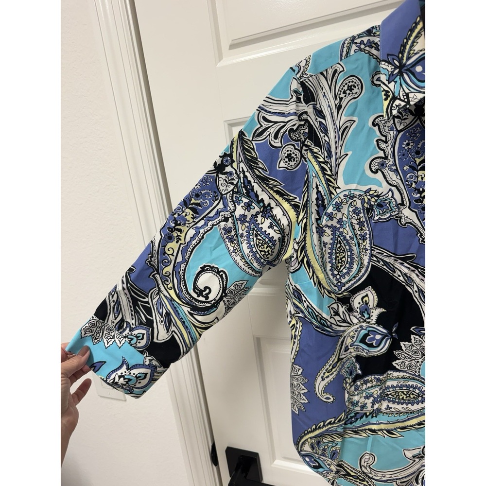 Chicos No‎ Iron Shirt Blouse Button Front Paisley Print Blue Women Size 0 S - Picture 7 of 12